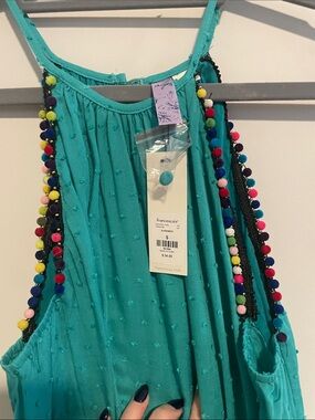 Francesca's Collections Teal Tank Top with Multicolor Pom Trim